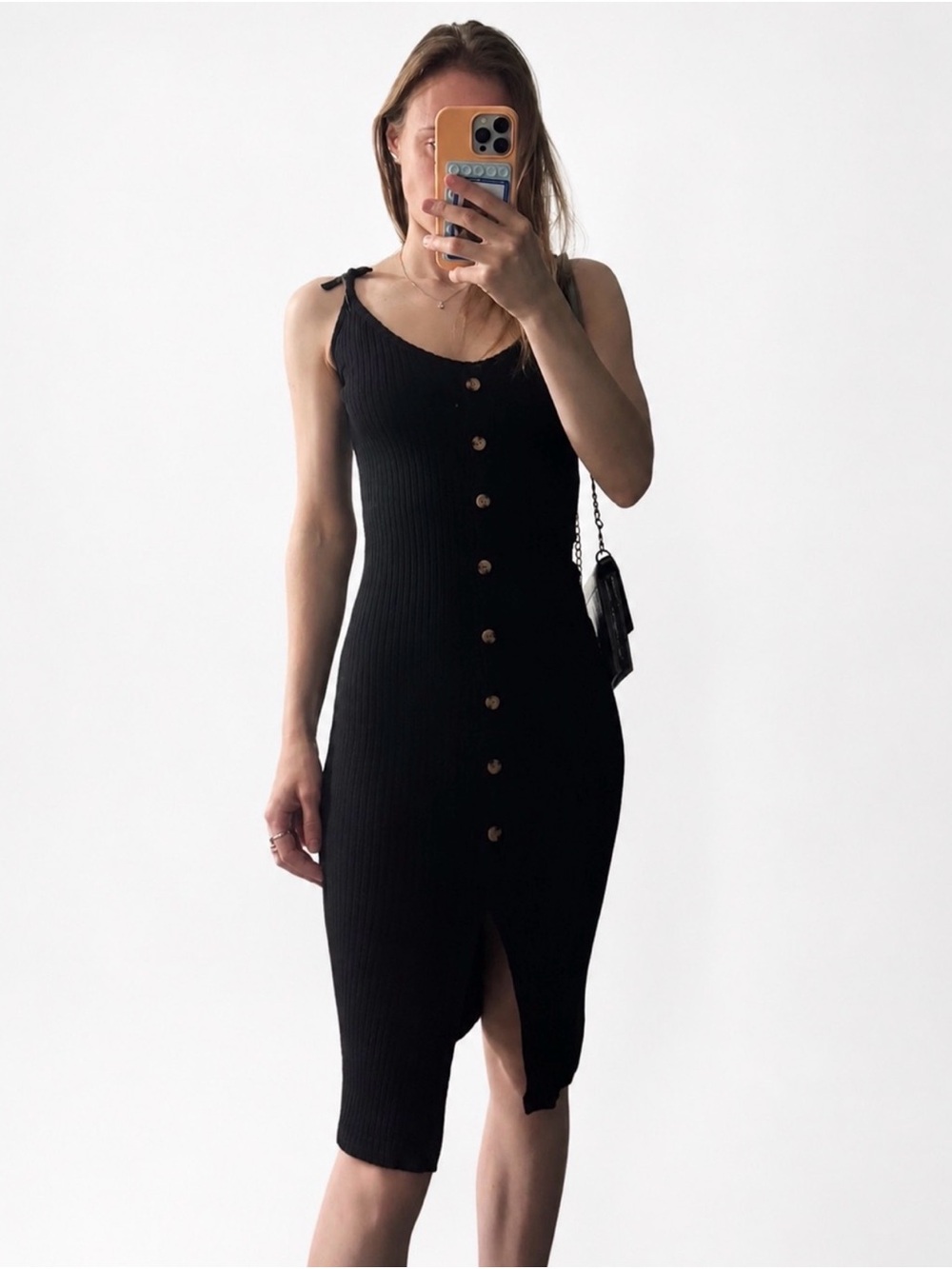 Revamped Black Ribbed Button-Front Midi Dress